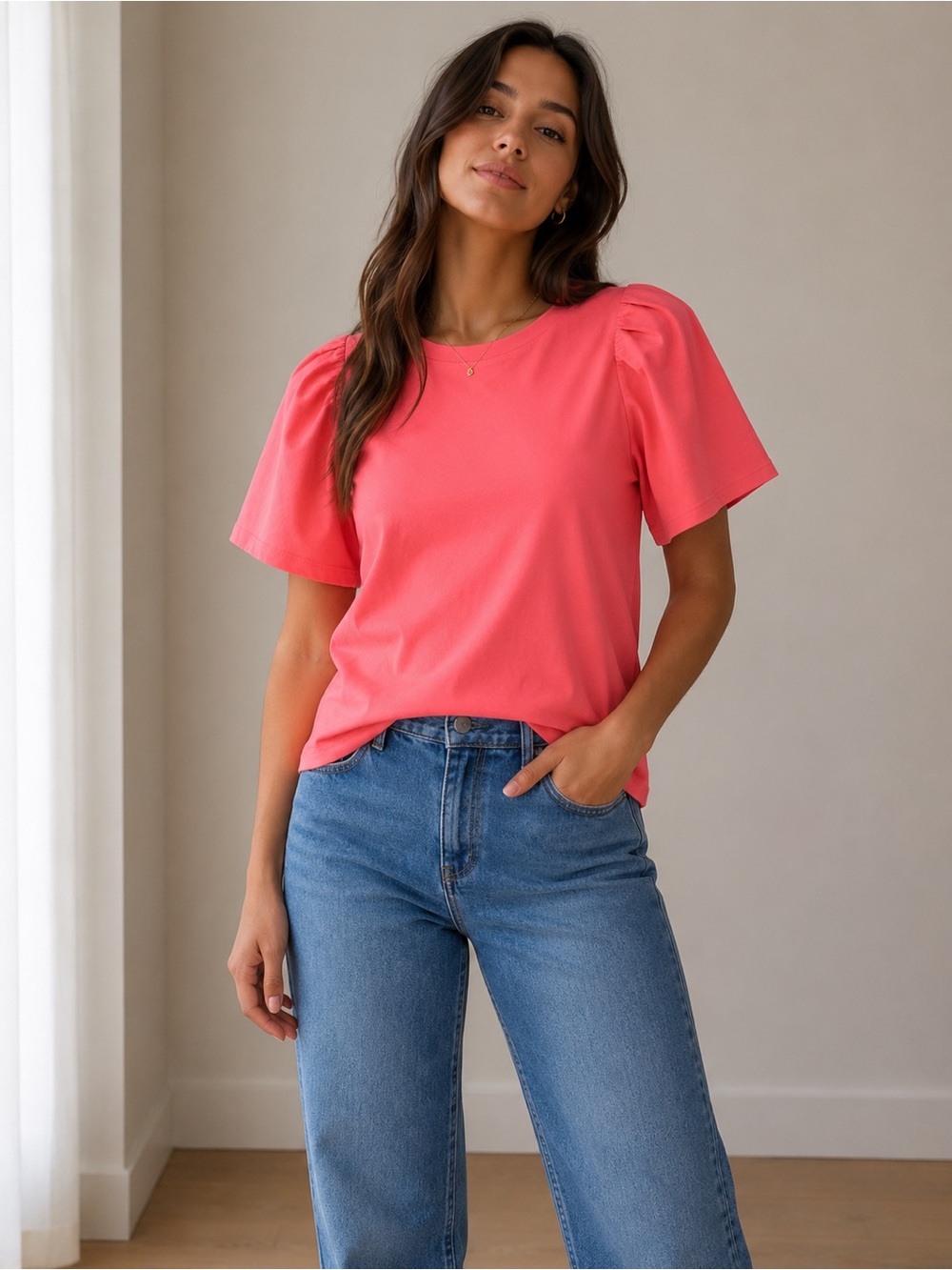 a new day - Coral Puff Sleeve Short Sleeve Tee